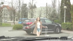Teen hitchhiker sucks and fucks in a car