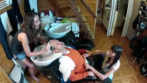 George Uhl was getting his head washed by his barber chick Nadia Bella and he was excitingly surprised by Taniella, she pulled out his cock and sucked it while head wash!