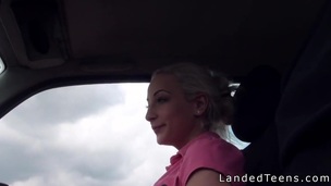 Blonde teen hitchhiker bangs in car
